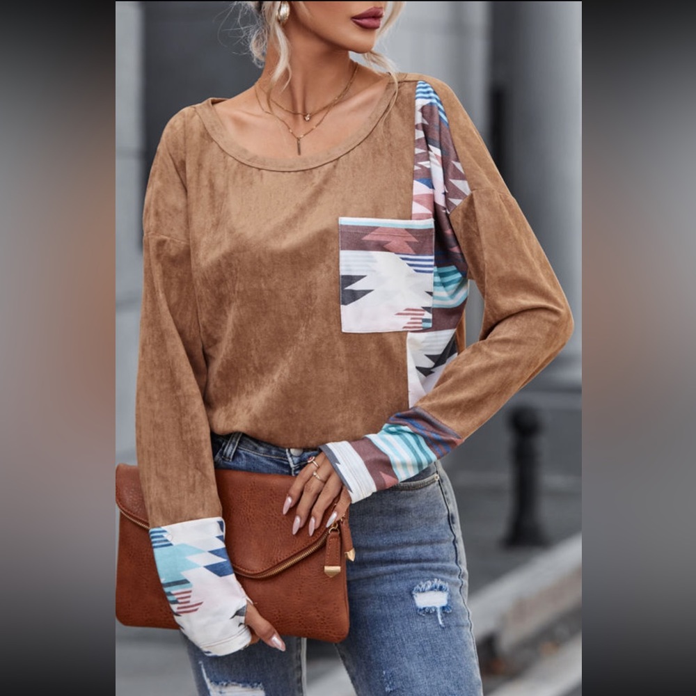 🌵Soft Brown Suedette Aztec Print Front Pocket Long Sleeve Top - Picture 5 of 13